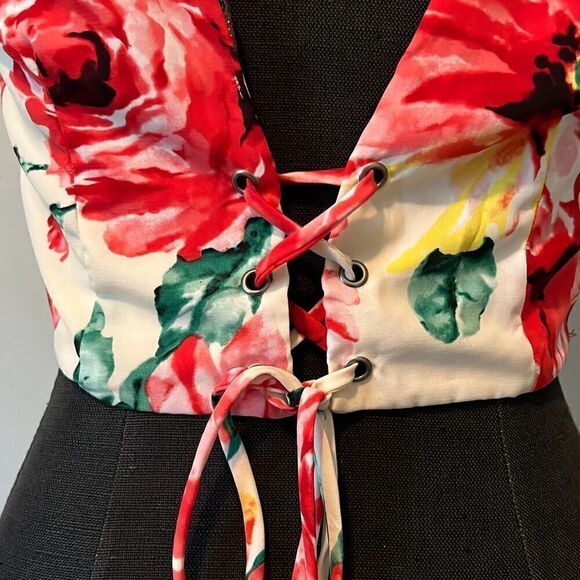 Guess Los Angeles Women's Multicolor Floral Tie Back Cropped Top Medium - Picture 5 of 9